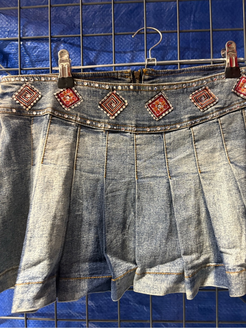 Denim Pleated Mini Skirt with Beaded Embellishments - Picture 2 of 3